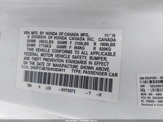 2HGFC3B70HH353411 Honda Civic Ex-l
