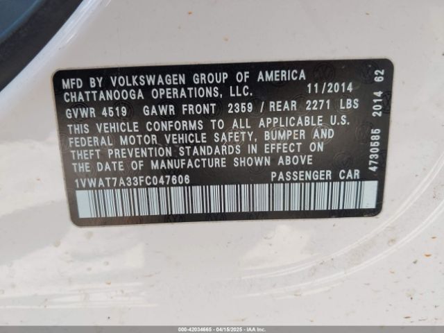 1VWAT7A33FC047606 Volkswagen Passat 1.8t Wolfsburg Edition