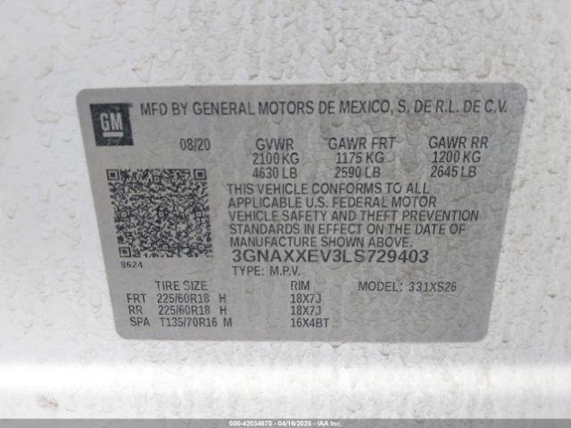3GNAXXEV3LS729403 Chevrolet Equinox Awd Premier 1.5l Turbo
