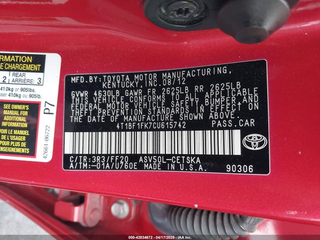 Aukcja sprzedaży 2012 Toyota Camry Se, vin: 4T1BF1FK7CU615742, numer aukcji: 42034672