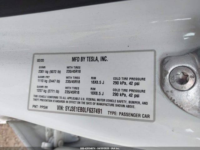 2020 TESLA MODEL 3 5YJ3E1EB0LF637491 Photo 8