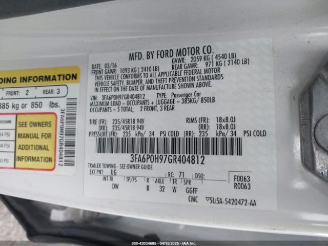 3FA6P0H97GR404812 Ford FUSION SE