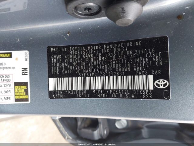 5YFS4MCE7RP212831 Toyota COROLLA SE