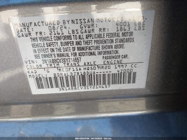 3N1AB8CV3SY214657 Nissan SENTRA SV