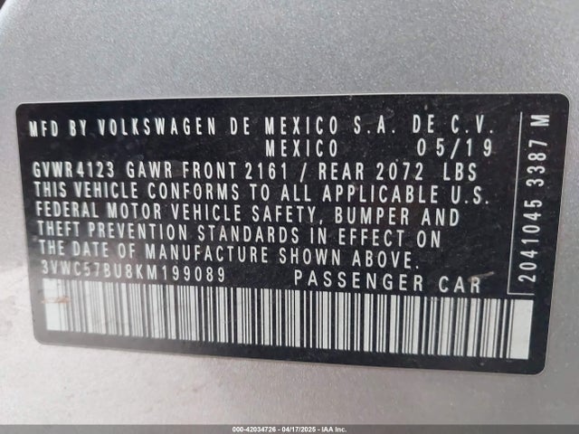 3VWC57BU8KM199089 Volkswagen Jetta 1.4t R-line/1.4t S/1.4t Se