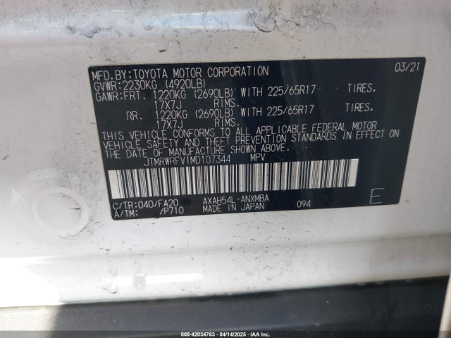 JTMRWRFV1MD107344 Toyota Rav4 Hybrid Xle