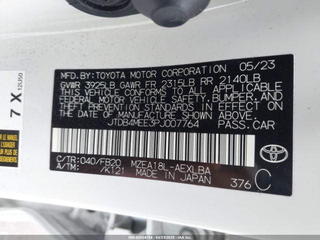 JTDB4MEE3PJ007764 Toyota COROLLA LE