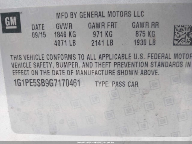 1G1PE5SB9G7170461 Chevrolet Cruze Limited 1lt Auto