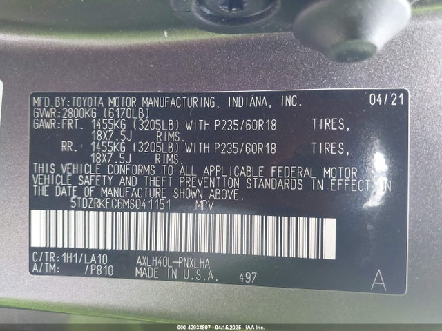 5TDZRKEC6MS041151 Toyota Sienna Limited