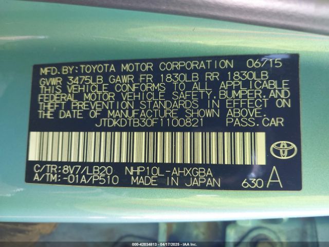 JTDKDTB30F1100821 Toyota Prius C Four