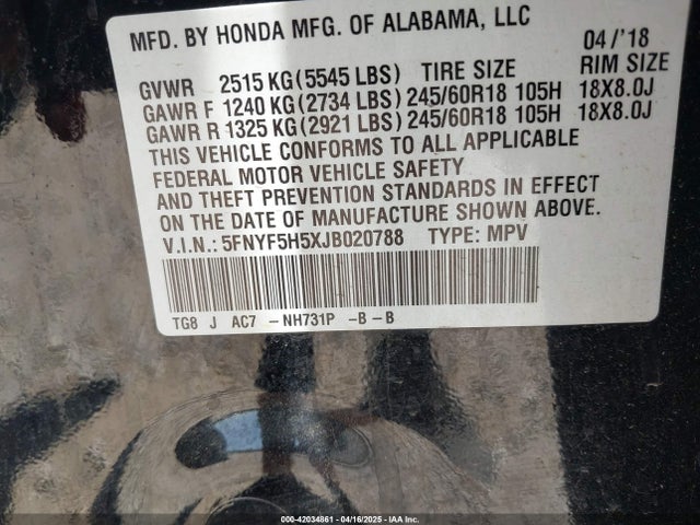 5FNYF5H5XJB020788 Honda Pilot Ex-l