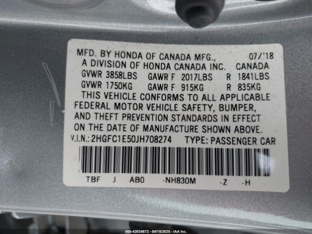 2HGFC1E50JH708274 Honda CIVIC SI