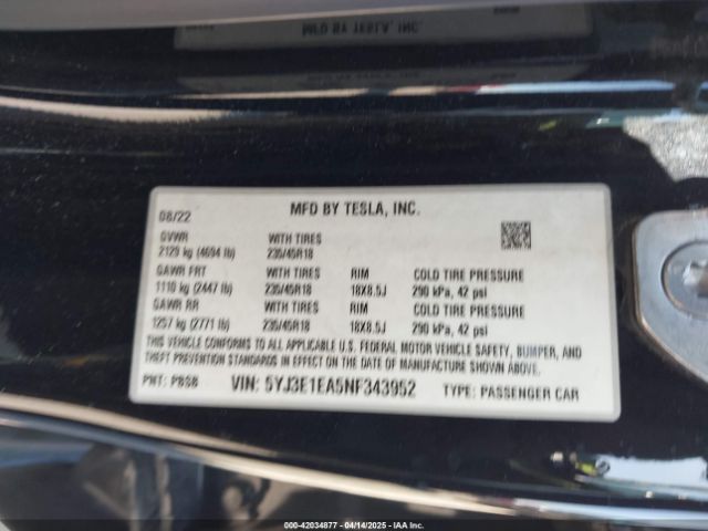 5YJ3E1EA5NF343952 Tesla Model 3 Rear-wheel Drive