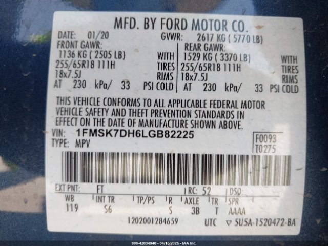 1FMSK7DH6LGB82225 Ford EXPLORER XLT
