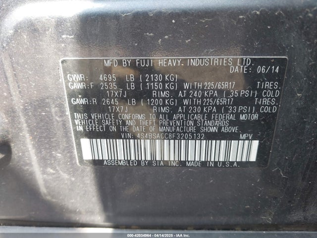 Subaru Outback 2.5i Premium 2015 4S4BSACC8F3205132 Image 9