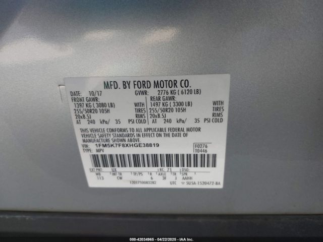 1FM5K7F8XHGE38819 Ford Explorer Limited