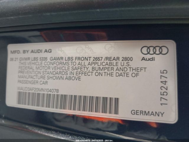 WAUD3AF20MN104078 Audi A6 Sport Premium 45 Tfsi Quattro S Tronic