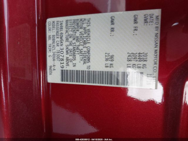 1N4BL4DW6KN307819 Nissan Altima 2.5 Sv