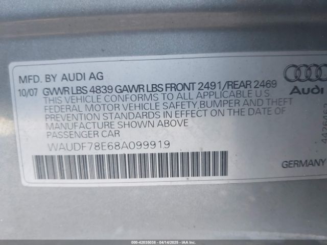 2008 AUDI A4 WAUDF78E68A099919 Photo 8