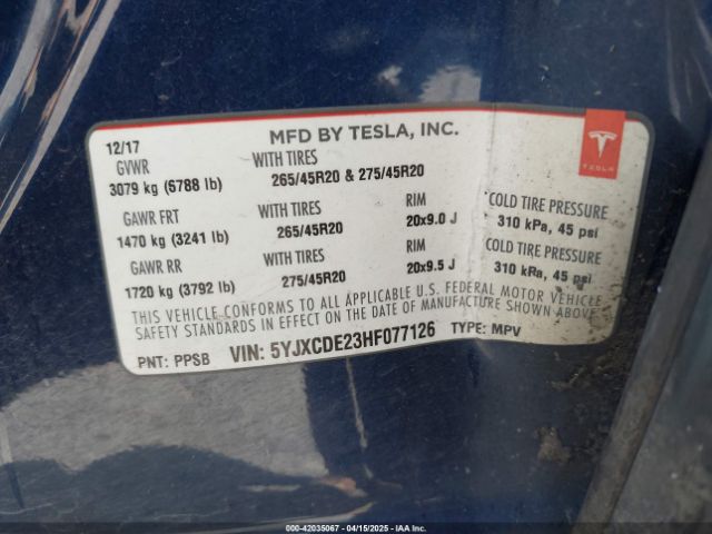5YJXCDE23HF077126 Tesla Model X 100d/75d/90d