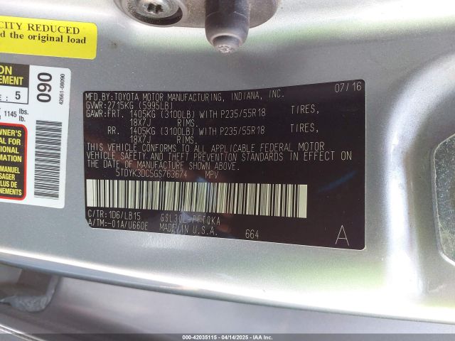 5TDYK3DC5GS763674 Toyota Sienna Limited Premium 7 Passenger