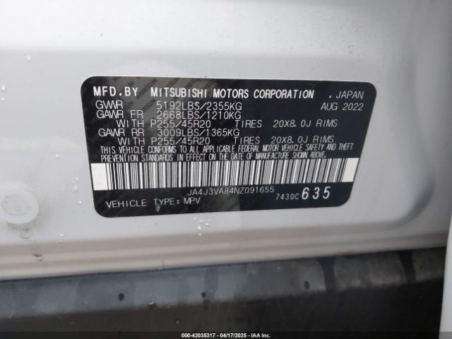 2022 MITSUBISHI OUTLANDER JA4J3VA84NZ091655 Photo 8