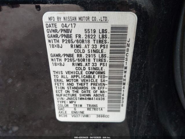 JN8CS1MW4HM414936 Infiniti QX70