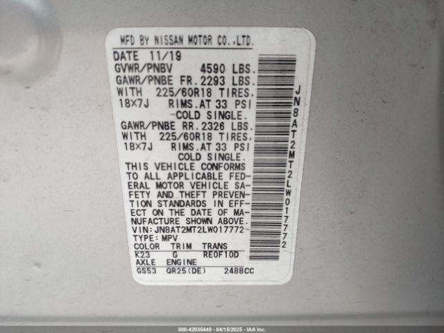 JN8AT2MT2LW017772 Nissan Rogue Sv Fwd