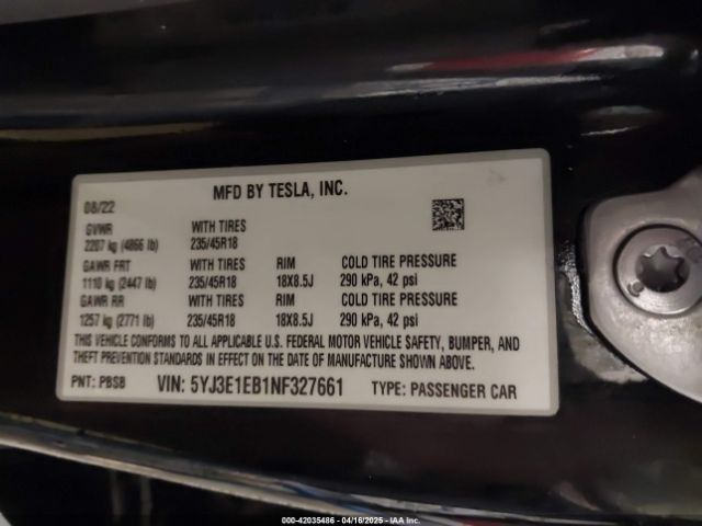 5YJ3E1EB1NF327661 Tesla Model 3 Long Range Dual Motor All-wheel Drive