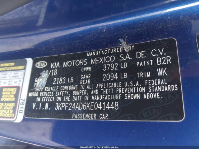 3KPF24AD6KE041448 KIA Forte Lxs