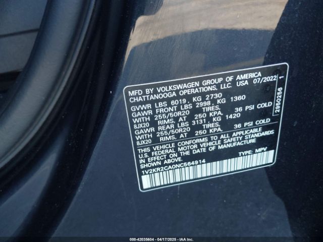 1V2KR2CA0NC564914 Volkswagen Atlas 3.6l V6 Se W/technology