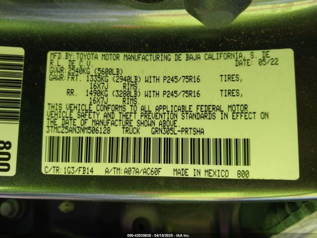 3TMCZ5AN3NM506128 Toyota Tacoma Sr V6