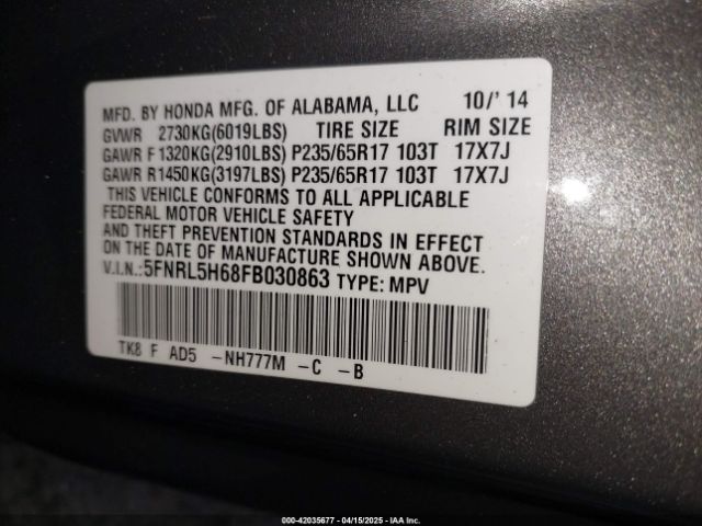 5FNRL5H68FB030863 Honda Odyssey Ex-l