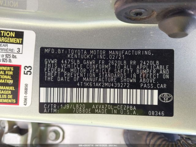 4T1K61AK2MU439272 Toyota CAMRY XSE