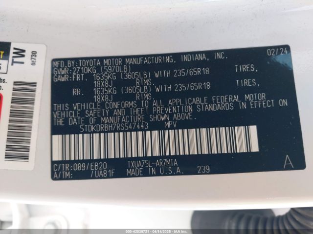5TDKDRBH7RS547443 Toyota Highlander Xle