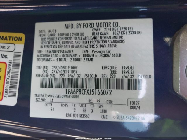 1FA6P8CFXJ5166072 Ford MUSTANG GT