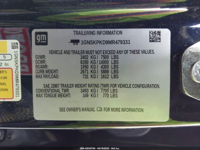 1GNSKPKD9MR479331 Chevrolet Tahoe 4wd Z71