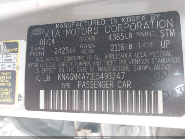 KNAGM4A71E5493247 KIA Optima Lx