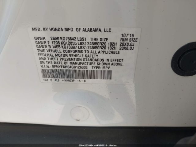 5FNYF6H04GB126303 Honda Pilot Elite