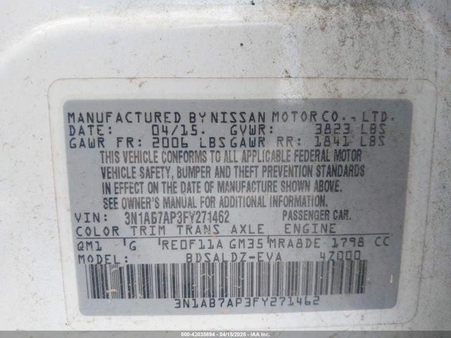 3N1AB7AP3FY271462 Nissan Sentra Fe+ S/s/sl/sr/sv