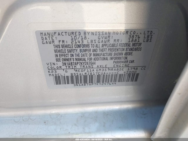 3N1AB7AP7KY247644 Nissan 2019