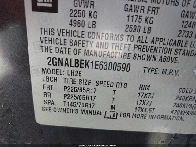 2GNALBEK1E6300590 Chevrolet lea - flex fuel (gas/alc), aluminum, high output
