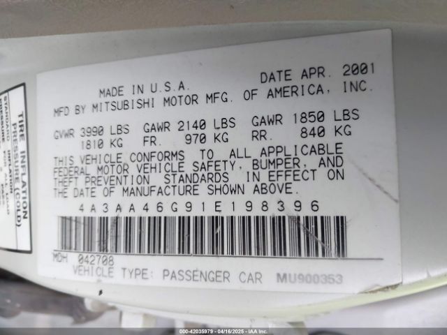 2001 MITSUBISHI GALANT 4A3AA46G91E198396 Photo 8