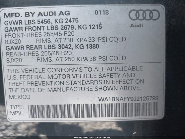 WA1BNAFY9J2125799 Audi Q5 2.0t Premium/2.0t Tech Premium