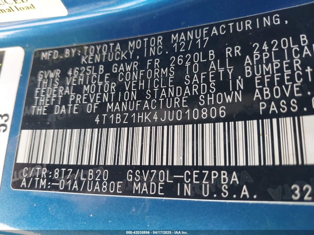 4T1BZ1HK4JU010806 Toyota 2gr-fks