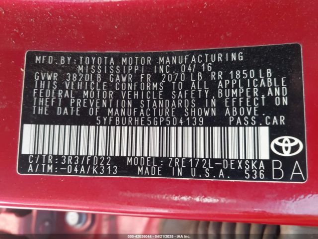 5YFBURHE5GP504139 Toyota Corolla S