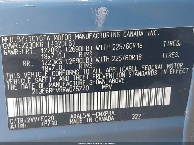 2T3E6RFV9RW075770 Toyota a25a-fxs