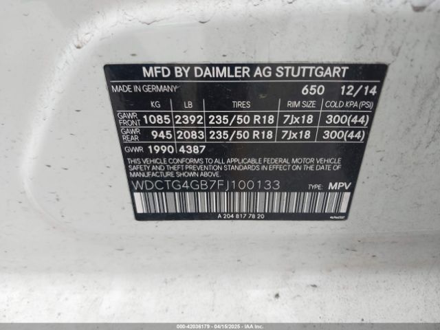 WDCTG4GB7FJ100133 Mercedes-Benz Gla 250 4matic