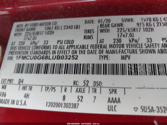 2020 FORD ESCAPE 1FMCU0G68LUB03252 Photo 8