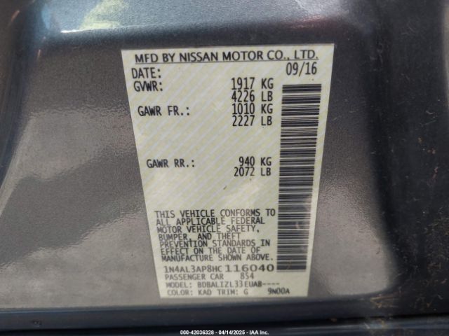 1N4AL3AP8HC116040 Nissan Altima 2.5/2.5 S/2.5 Sl/2.5 Sr/2.5 Sv
